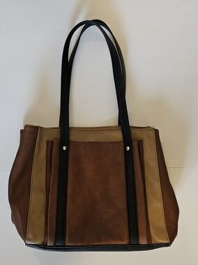Relic Hobo Style Tote Bag -Classic Two-Tone Brown Tote Bag with Black Straps